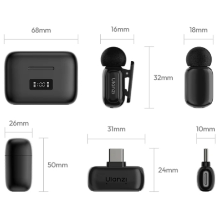Ulanzi A200 Mini Mic (czarny) - bezprzewodowy zestaw audio, 2x mikrofon (odbiornik USB-C, 24bit) - wymiary
